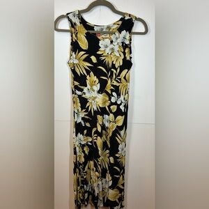Hilo Hattie Hawaiian Aloha Sleeveless Black/Yellow Floral Midi Dress Size XS
